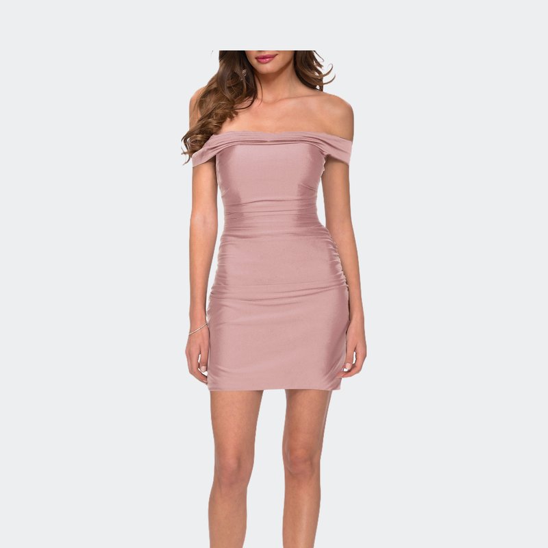 Shop La Femme Short Off The Shoulder Dress With Lace Up Back In Pink