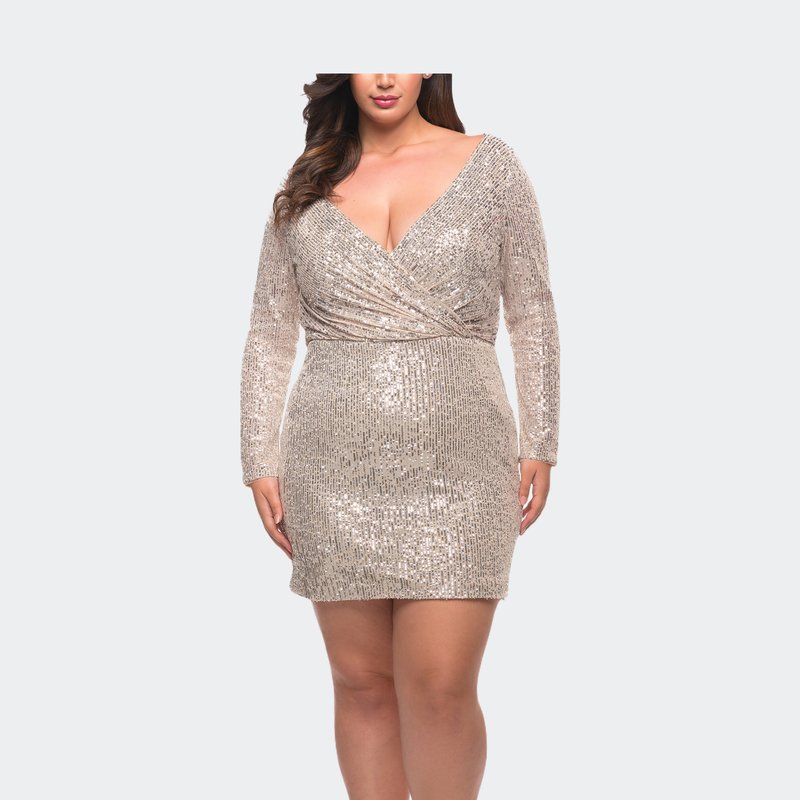 La Femme Short Sequin Plus Dress With Long Sleeves In Silver