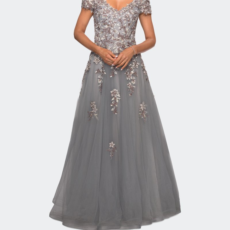 Shop La Femme Short Sleeve A-line Gown With Beaded Lace Appliques In Grey