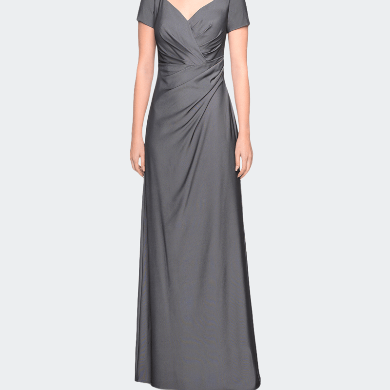Shop La Femme Short Sleeve Floor Length Gown With Ruching In Grey