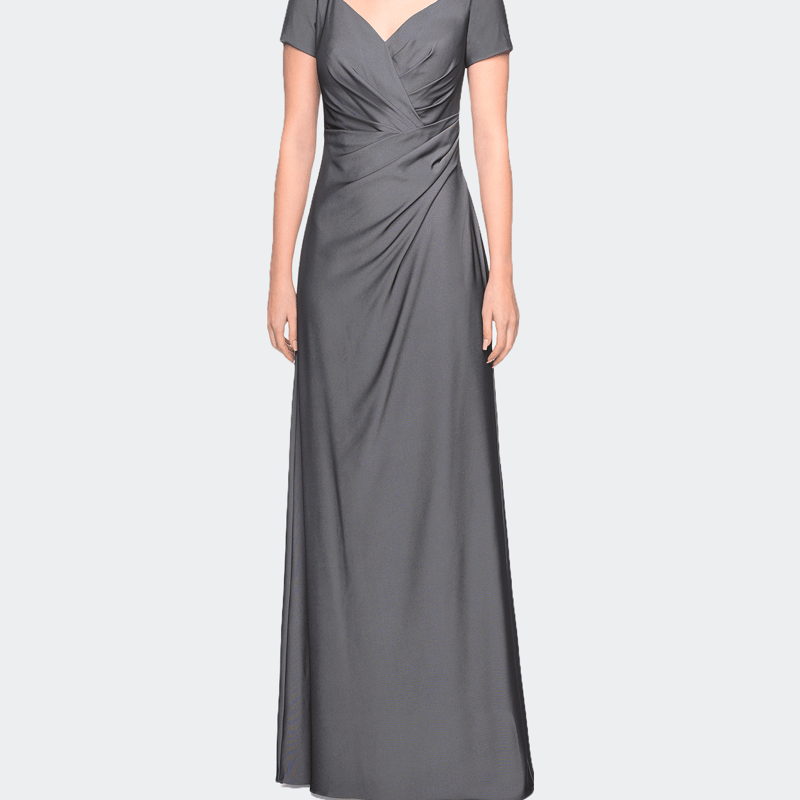 La Femme Short Sleeve Floor Length Gown With Ruching In Gunmetal
