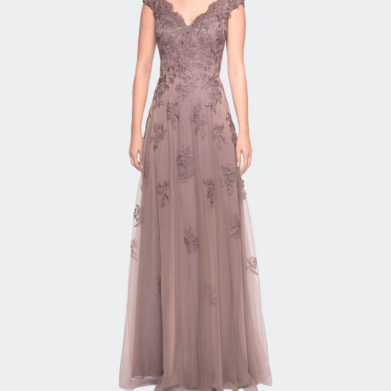Shop La Femme Short Sleeve Lace Gown With Cascading Embellishments In Brown