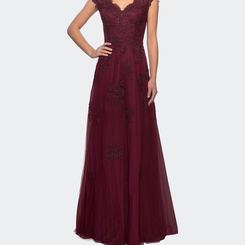 La Femme Short Sleeve Lace Gown With Cascading Embellishments In Burgundy