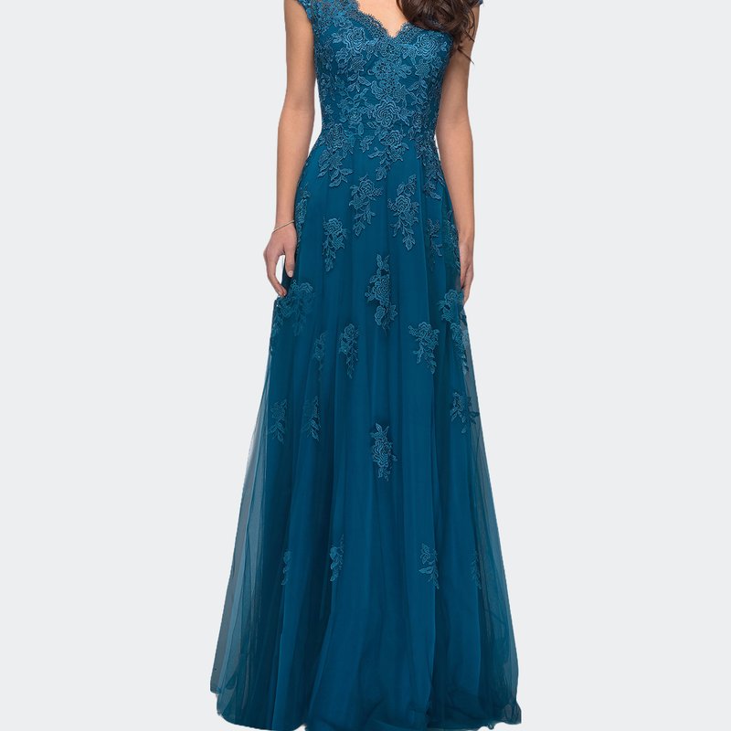 La Femme Short Sleeve Lace Gown With Cascading Embellishments In Teal
