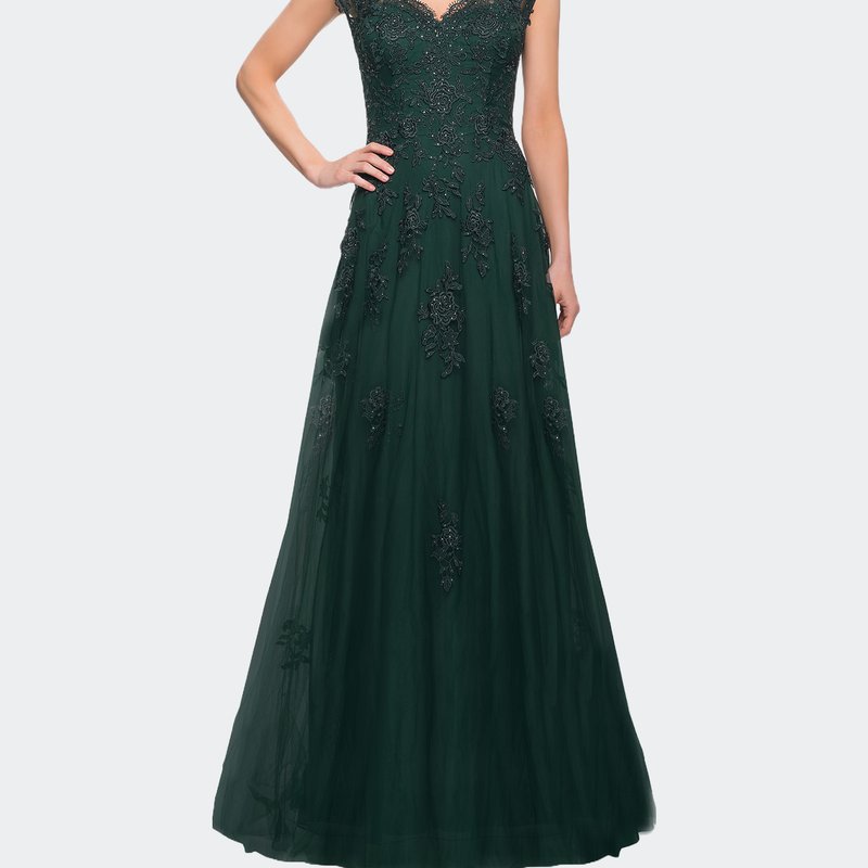 La Femme Short Sleeve Lace Gown With Cascading Embellishments In Dark Emerald
