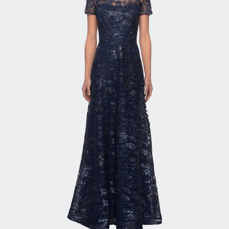 La Femme Short Sleeve Long Sequin Dress With Sheer Neckline In Blue