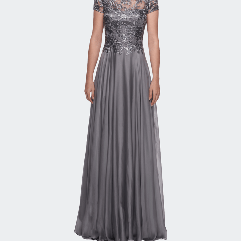 Shop La Femme Short Sleeve Metallic Lace Evening Dress With Chiffon Skirt In Grey
