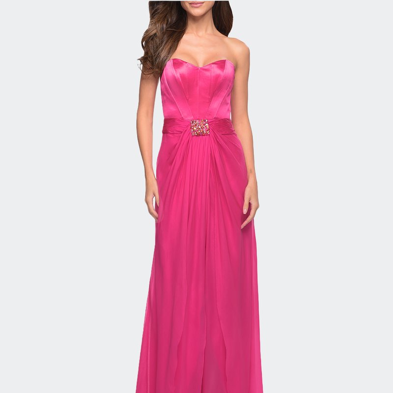 La Femme Silk Long Gown With Corset Top And Chiffon Skirt In Pink