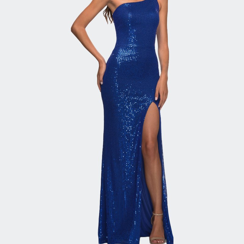 La Femme Simple One Shoulder Long Sequin Evening Gown In Royal Blue