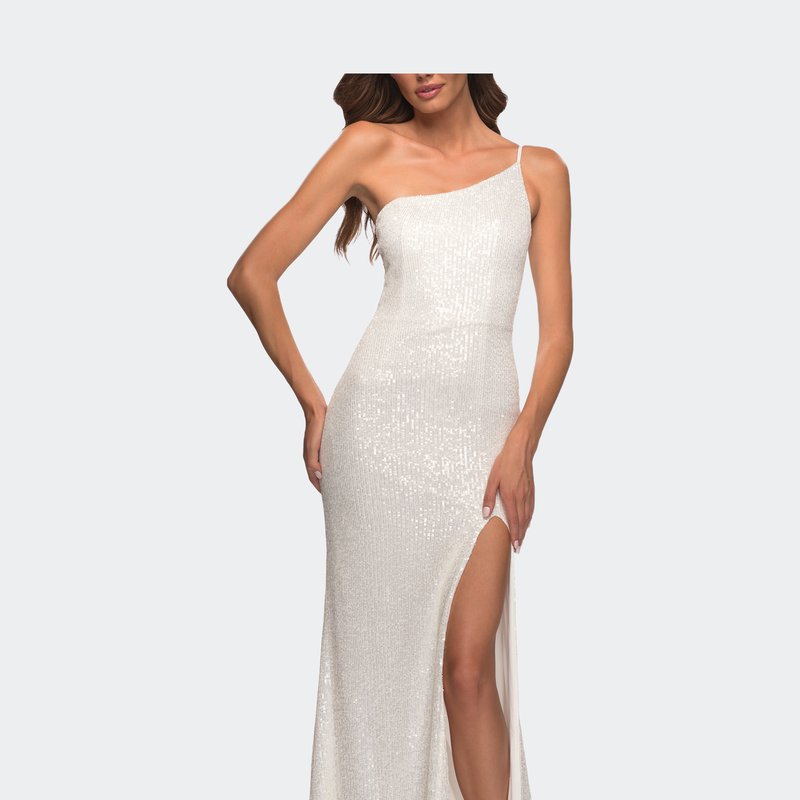 Shop La Femme Simple One Shoulder Long Sequin Evening Gown In White