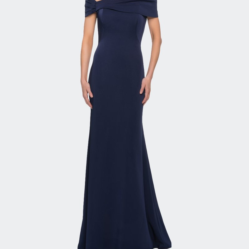 Shop La Femme Simply Chic Off The Shoulder Jersey Gown In Blue