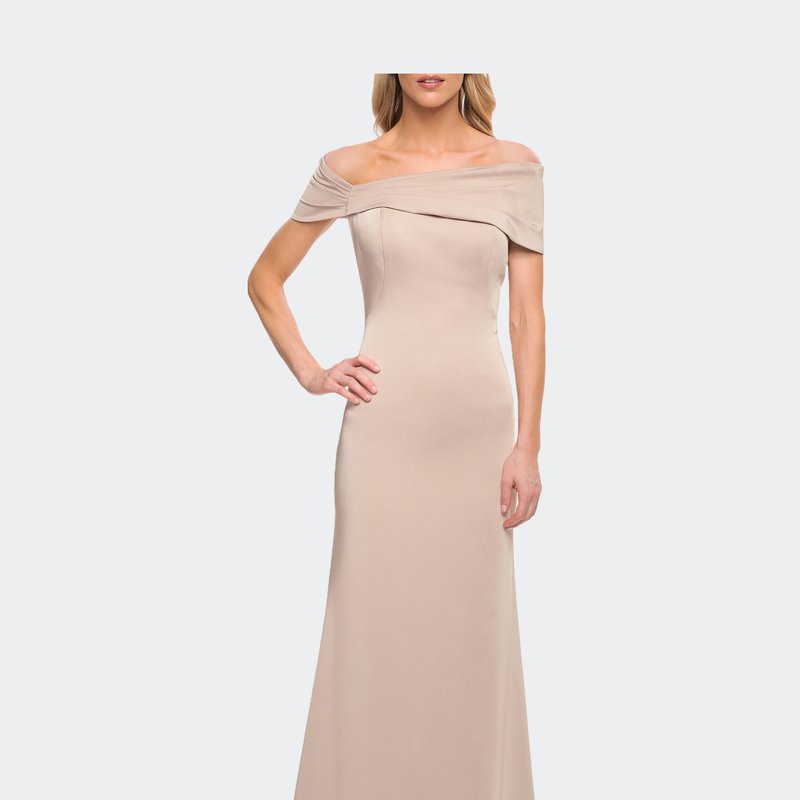 Shop La Femme Simply Chic Off The Shoulder Jersey Gown In Brown