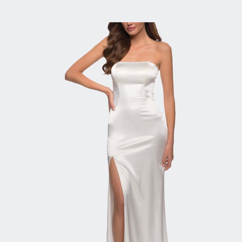 La Femme Simply Chic Strapless Stretch Satin Long Gown In White