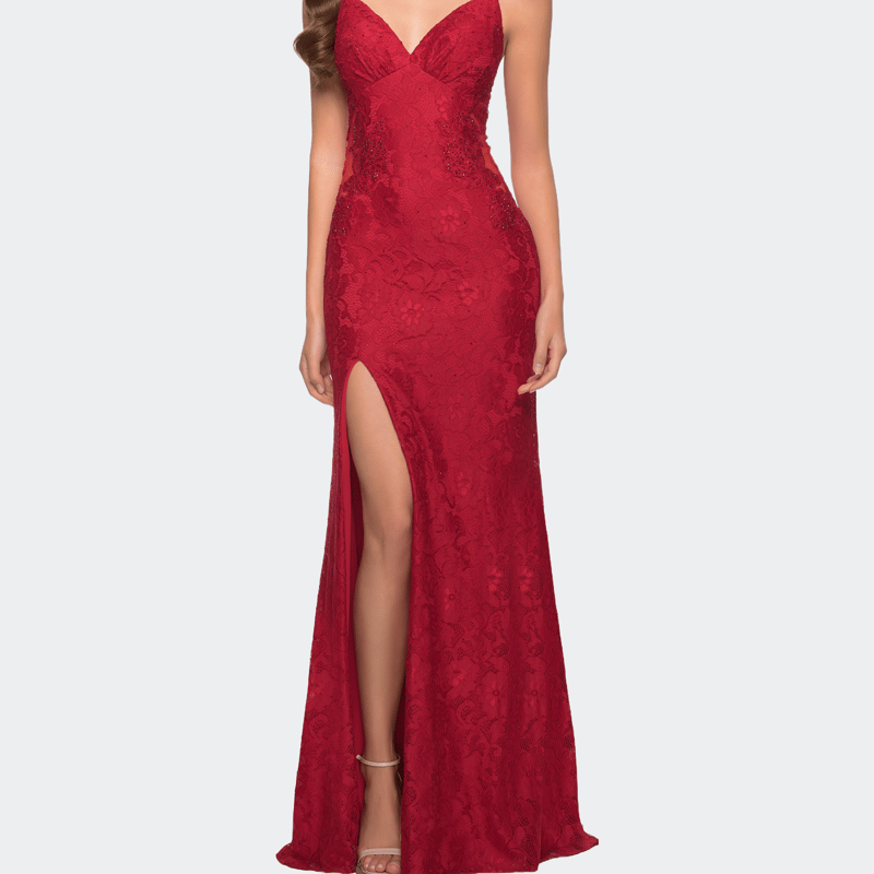 La Femme Sleek Lace Long Dress With Sheer Sides And Open Back In Red