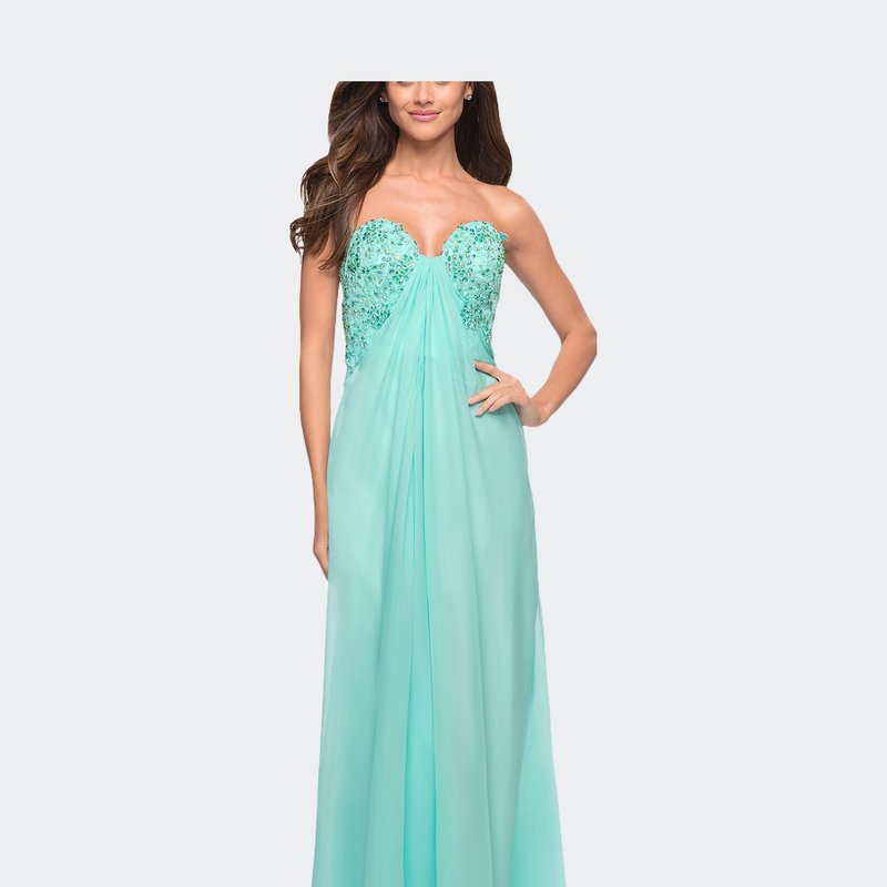 La Femme Strapless Chiffon Prom Gown With Criss Cross Back In Green