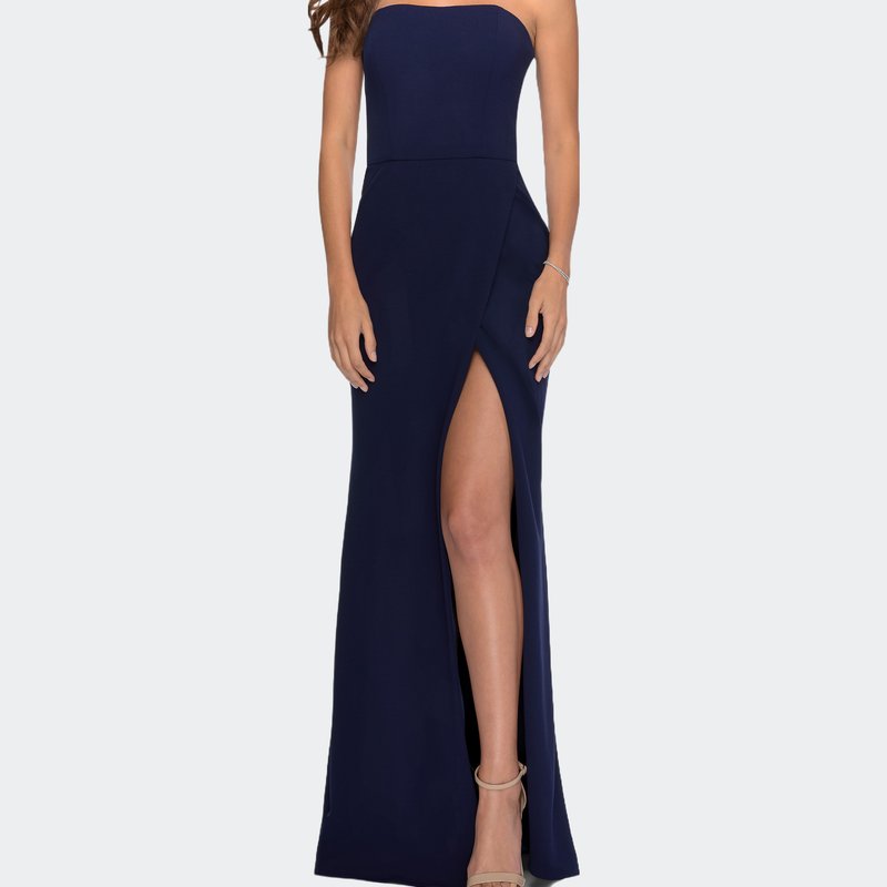 Shop La Femme Strapless Double Strap Long Jersey Prom Dress In Blue