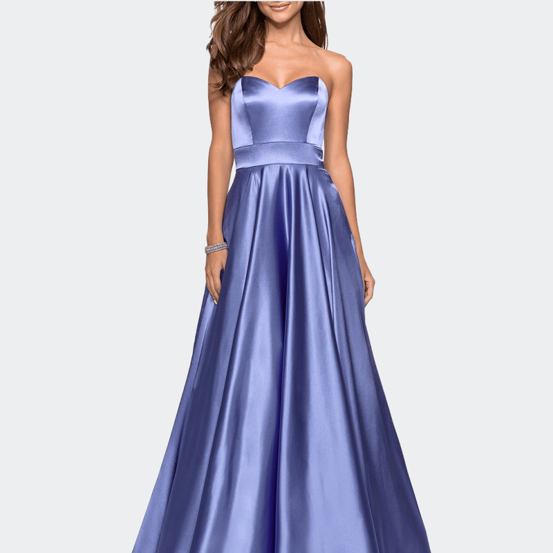 La Femme Strapless Metallic Prom Gown With Empire Waist In Purple