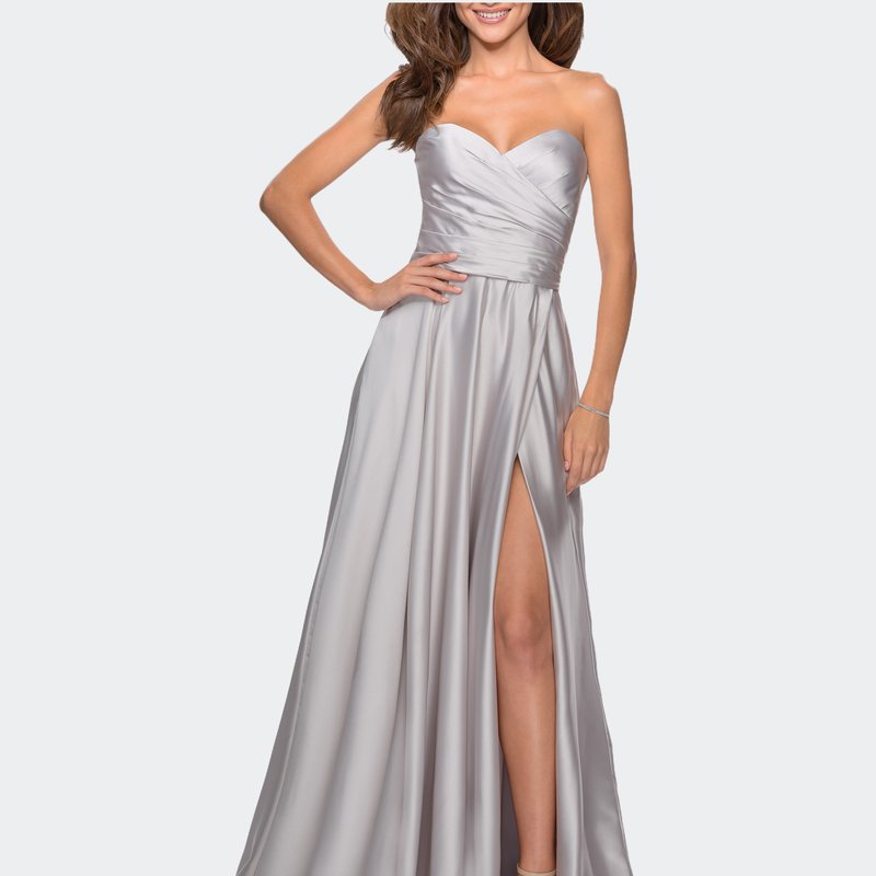 La Femme Strapless Satin Gown With Pleated Bodice And Slit In Silver