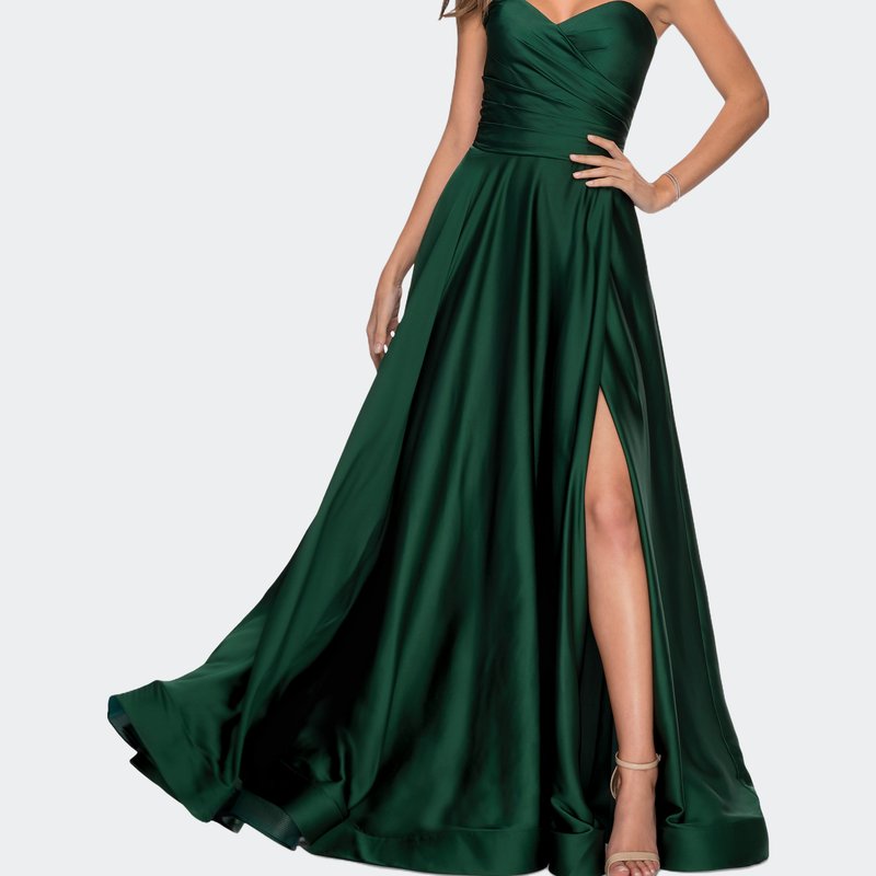 LA FEMME STRAPLESS SATIN GOWN WITH PLEATED BODICE AND SLIT