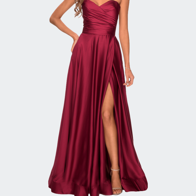 La Femme Strapless Satin Gown With Pleated Bodice And Slit In Wine