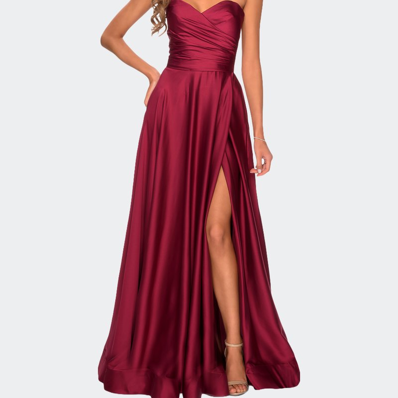 La Femme Strapless Satin Gown With Pleated Bodice And Slit In Wine