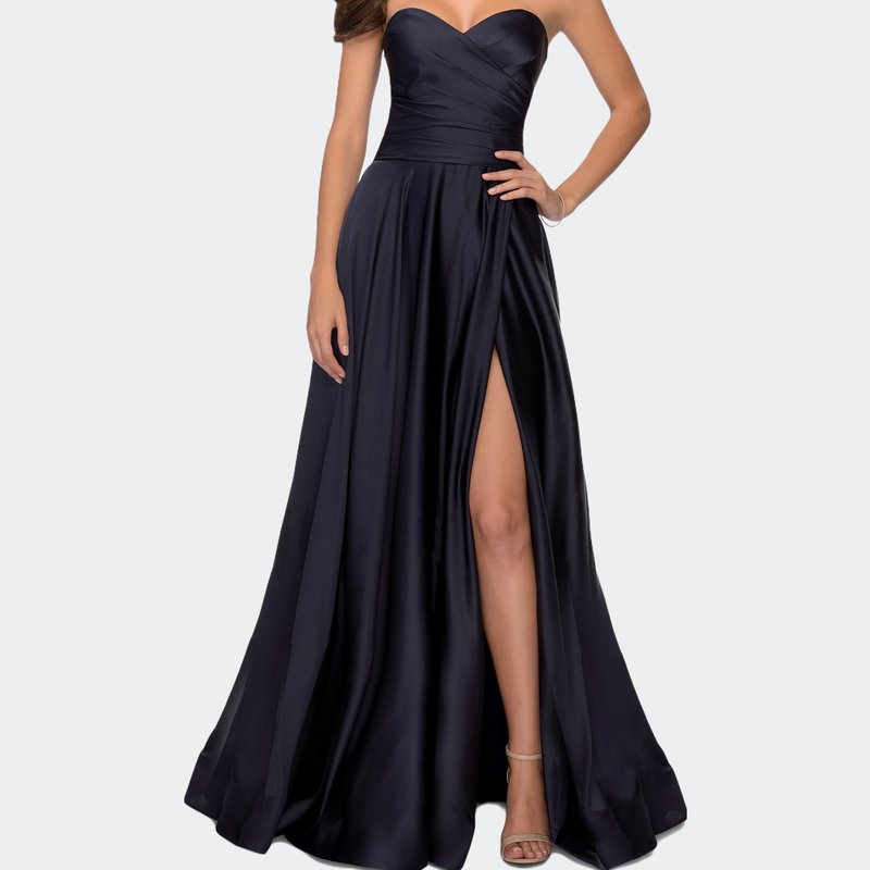 Shop La Femme Strapless Satin Gown With Pleated Bodice And Slit In Blue