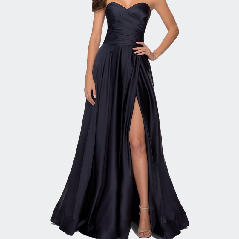 La Femme Strapless Satin Gown With Pleated Bodice And Slit In Navy
