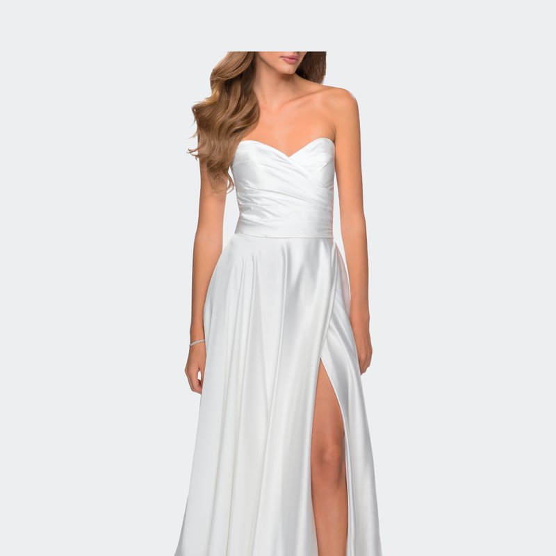 La Femme Strapless Satin Gown With Pleated Bodice And Slit In White