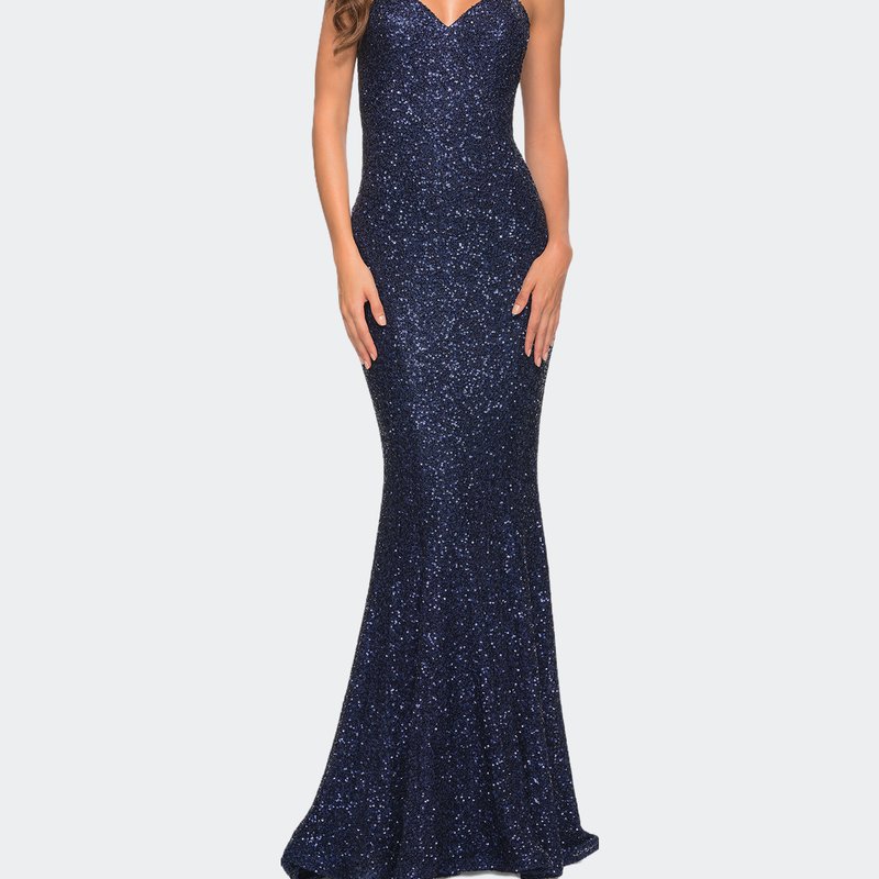 La Femme Strapless Sweetheart Luxe Sequin Gown In Blue