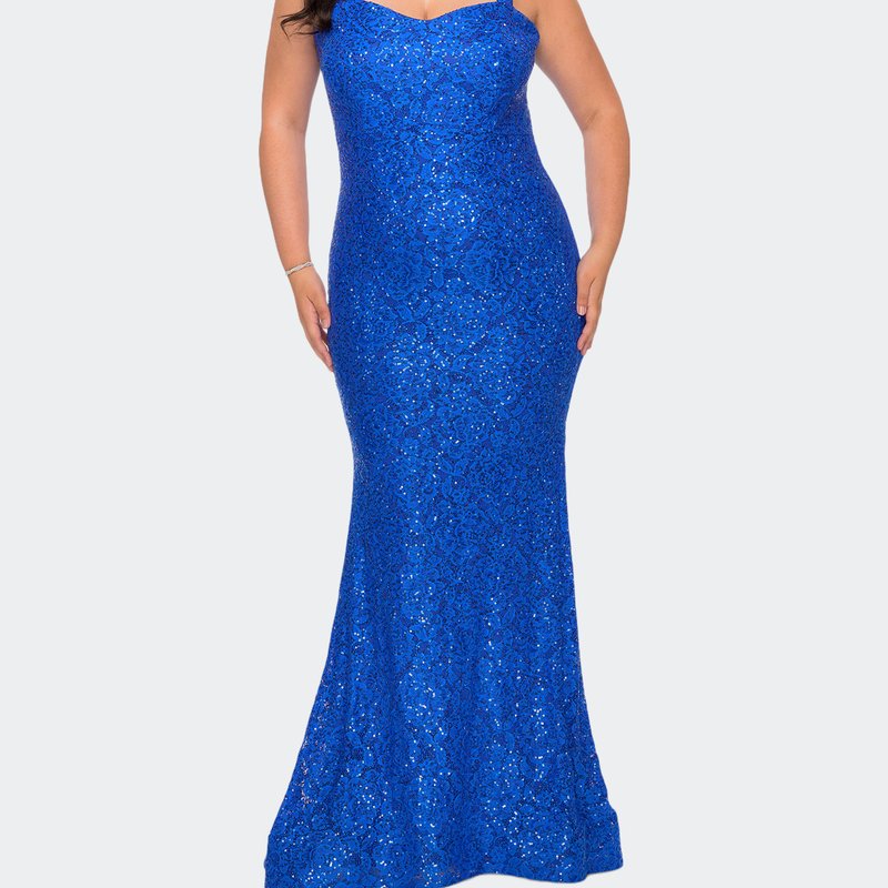Shop La Femme Stretch Lace Curve Dress With Rhinestones In Blue