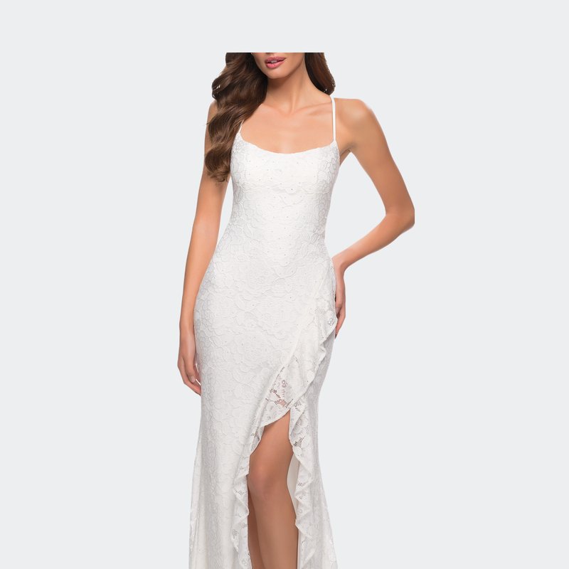 La Femme Stretch Lace Dress With Ruffle Skirt Detail And Slit In White