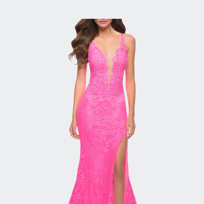 La Femme Stretch Lace Gown With Slit And Open Keyhole Back In Pink