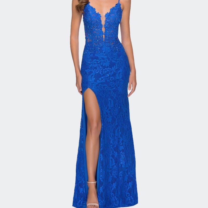 La Femme Stretch Lace Long Dress With Deep V Neckline In Royal Blue