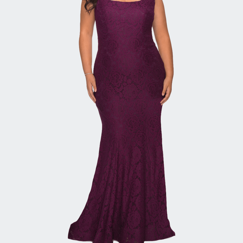 La Femme Stretch Lace Plus Size Gown With Beading In Dark Berry