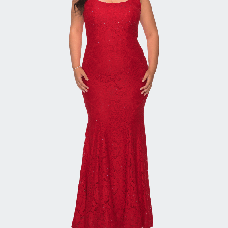 Shop La Femme Stretch Lace Plus Size Gown With Beading In Red