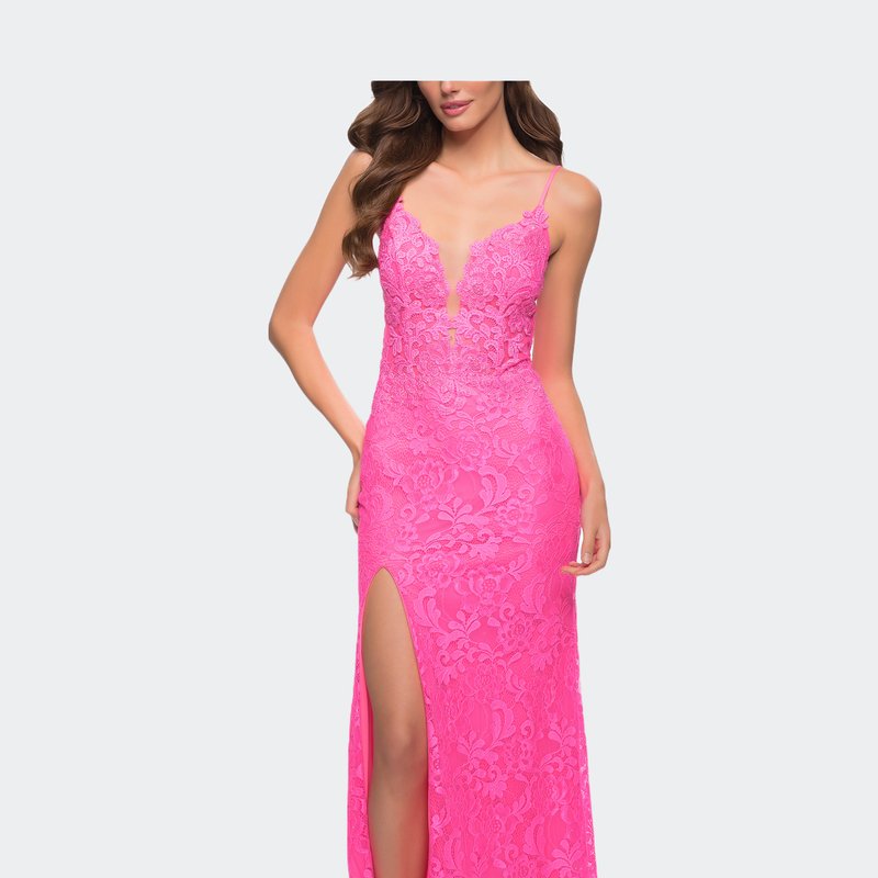 La Femme Stretch Lace Prom Dress In Pink