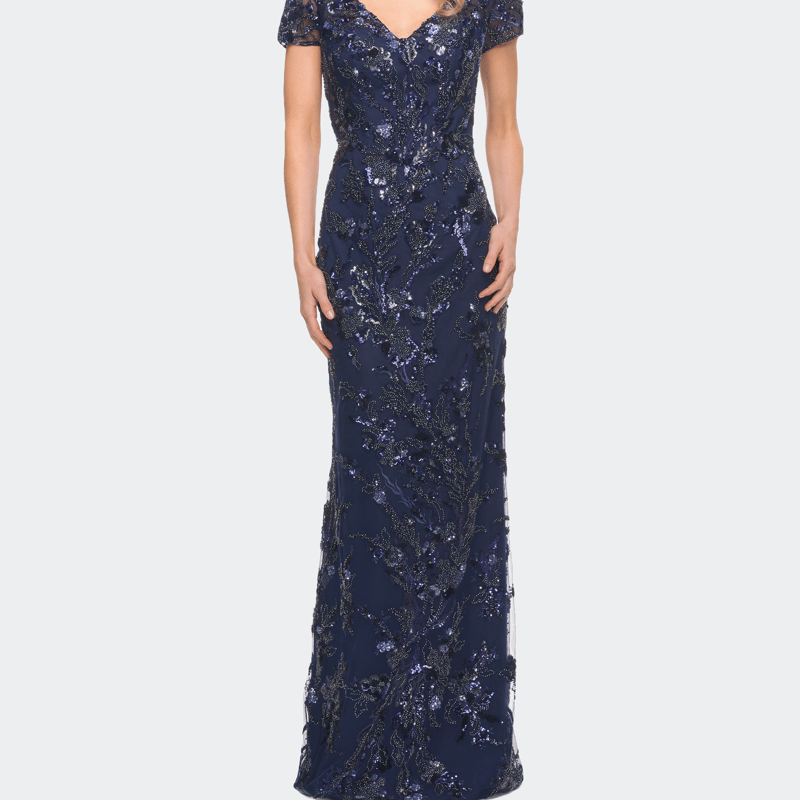 La Femme Stunning Beaded Long Gown With V Neckline In Navy