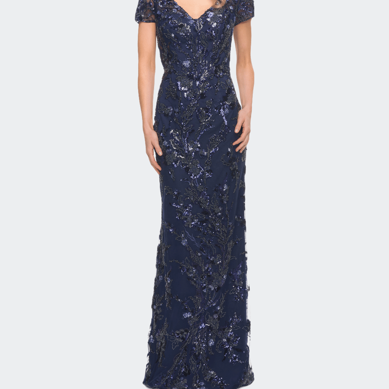 Shop La Femme Stunning Beaded Long Gown With V Neckline In Blue