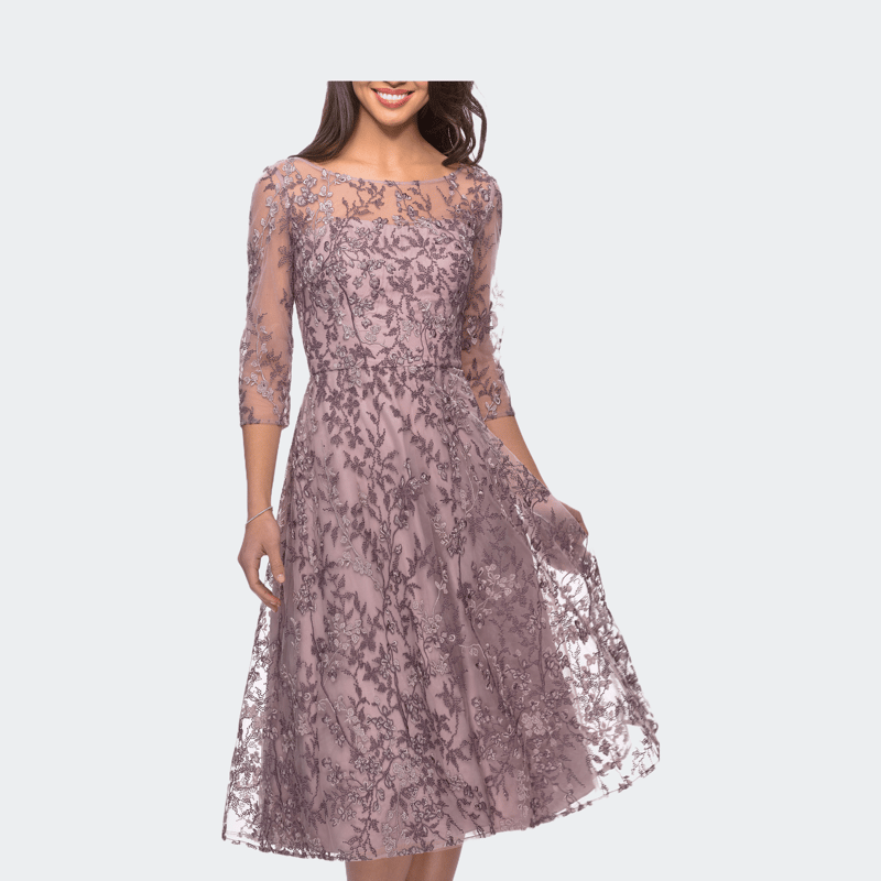 La Femme Tea Length Embroidered Dress With Sheer Sleeves In Dusty Lilac