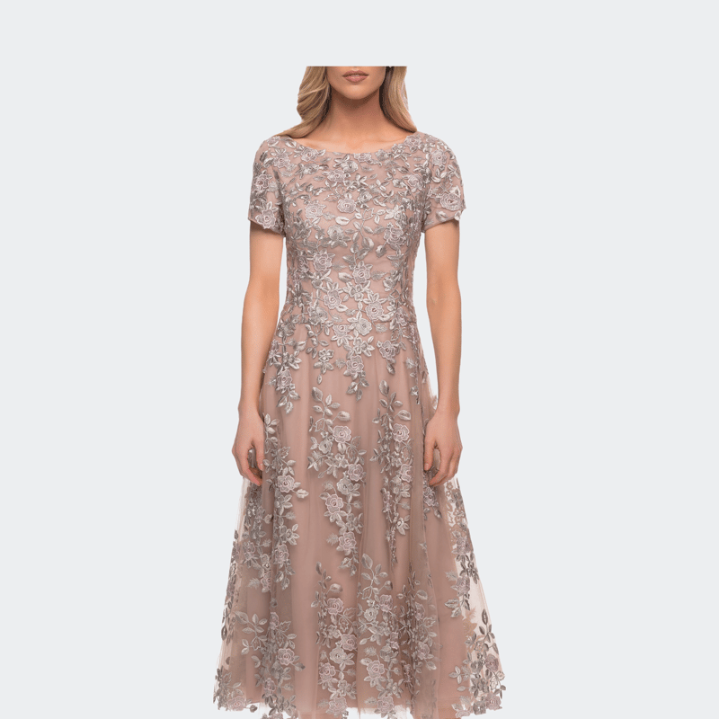 La Femme Tea Length Mother Of The Bride Dress With Short Sleeves In Champagne