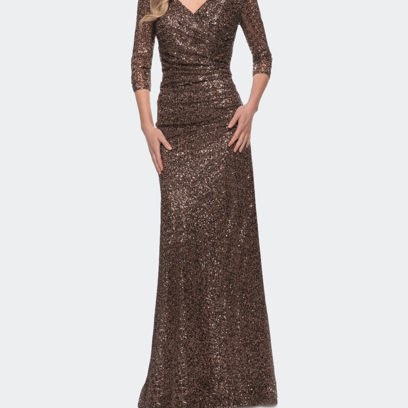 La Femme Three-quarter Sleeve Sequin Dress With Ruching In Bronze