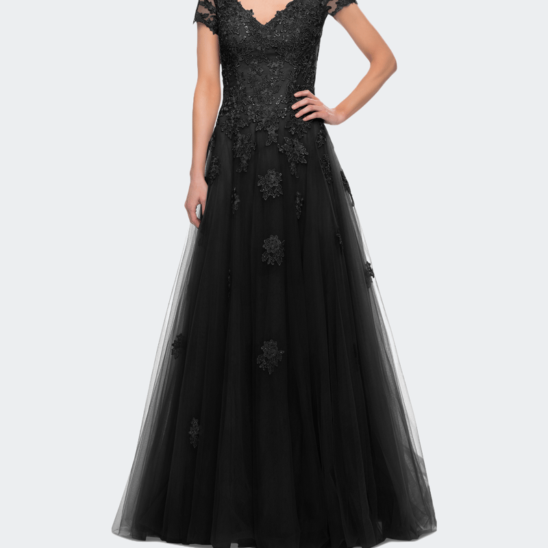La Femme Tulle A Line Gown Lace Applique And V Neck In Black