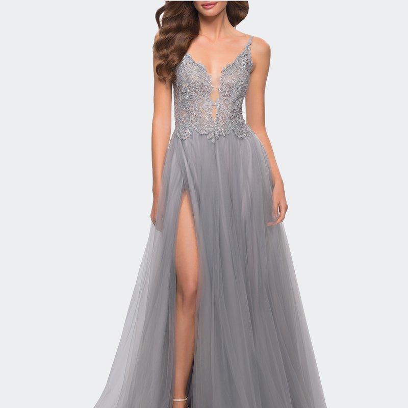 La Femme Tulle A Line Gown With Lace Rhinestone Bodice In Grey