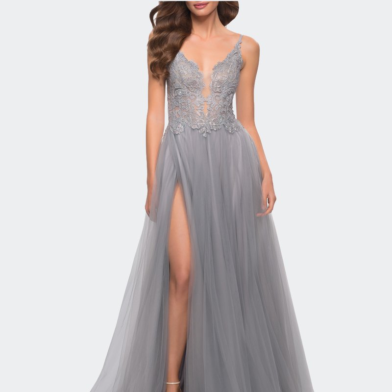 La Femme Tulle A Line Gown With Lace Rhinestone Bodice In Silver