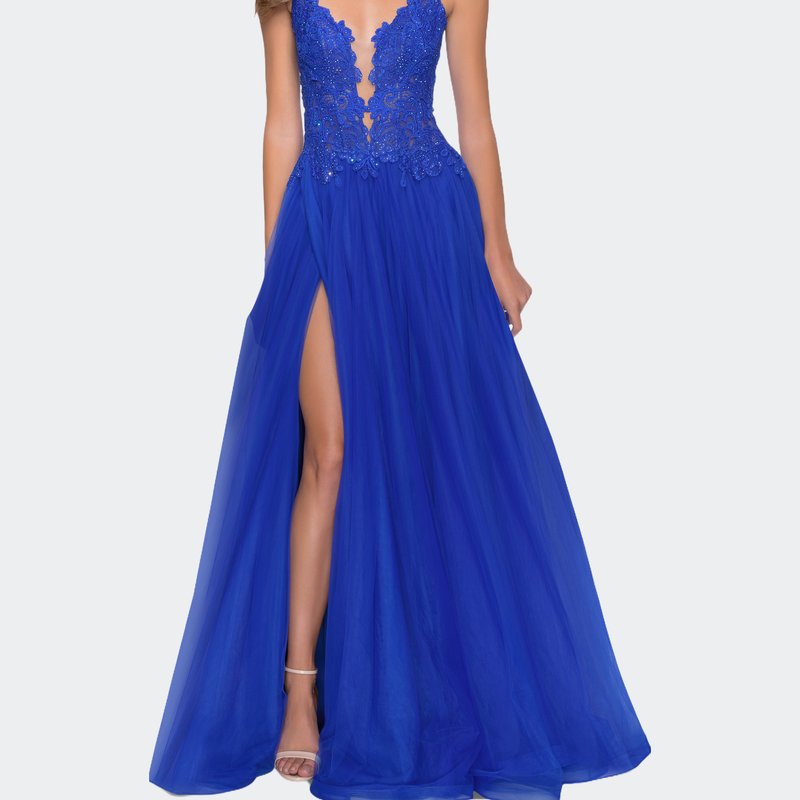 La Femme Tulle A Line Gown With Lace Rhinestone Bodice In Royal Blue