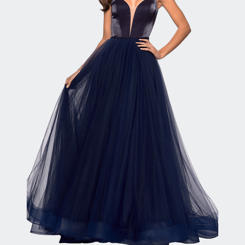 La Femme Tulle Evening Gown With Satin Bust And V Shaped Back In Blue