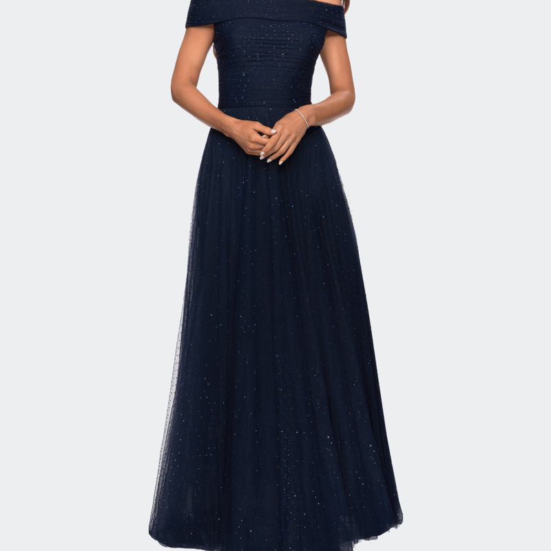 La Femme Tulle Off The Shoulder A-line Dress With Rhinestones In Navy