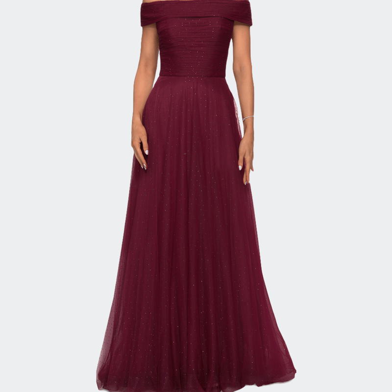 Shop La Femme Tulle Off The Shoulder A-line Dress With Rhinestones In Red