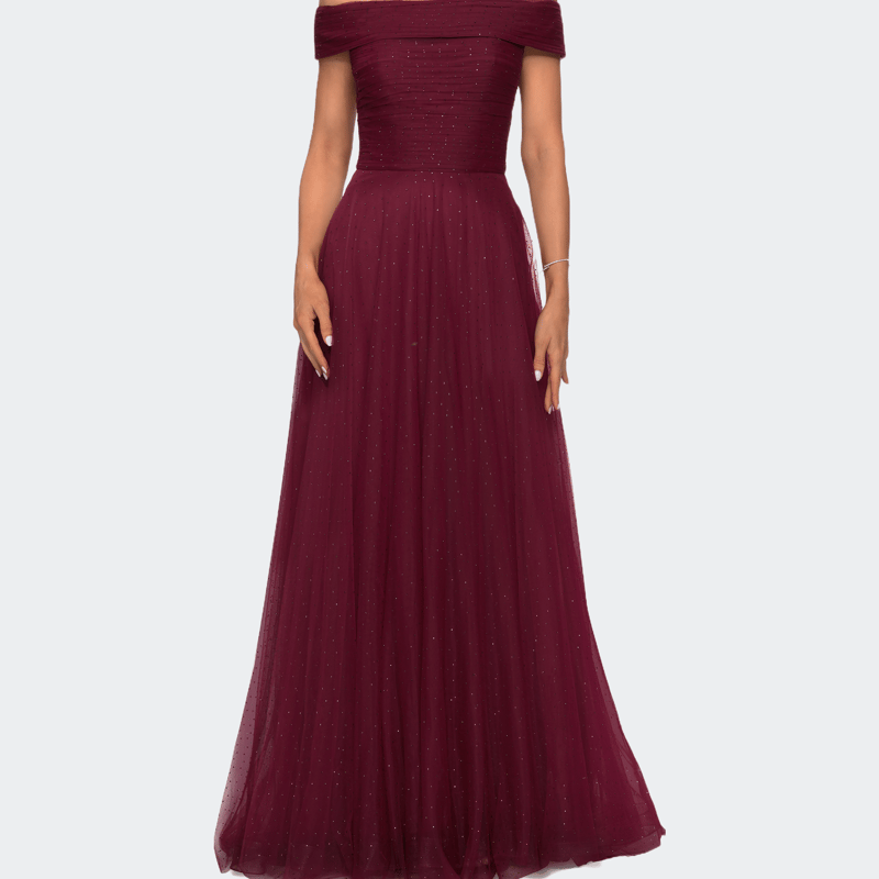 La Femme Tulle Off The Shoulder A-line Dress With Rhinestones In Burgundy