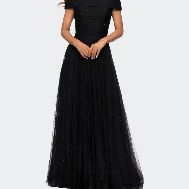 La Femme Tulle Off The Shoulder A-line Dress With Rhinestones In Black